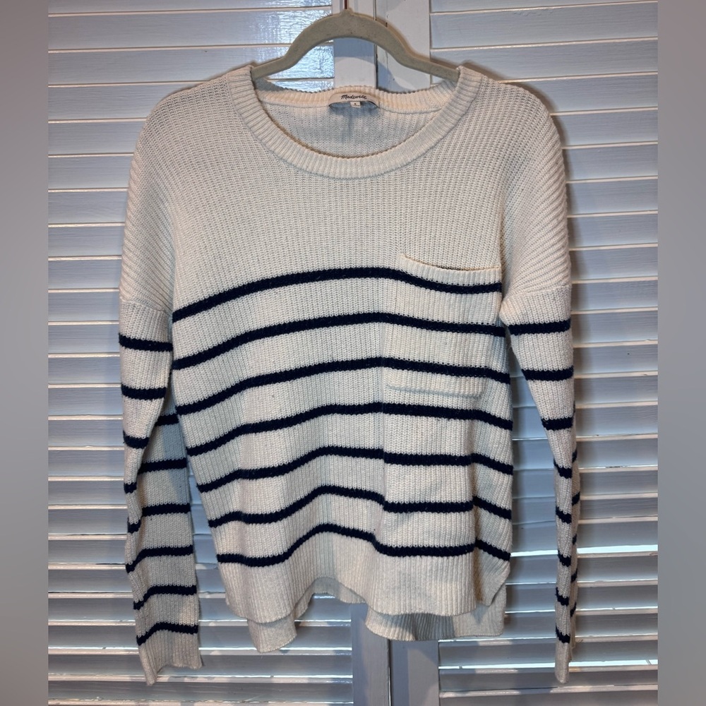 Madewell Cream Navy Striped Sweater Small Nautical Pocket Knit - Picture 1 of 4